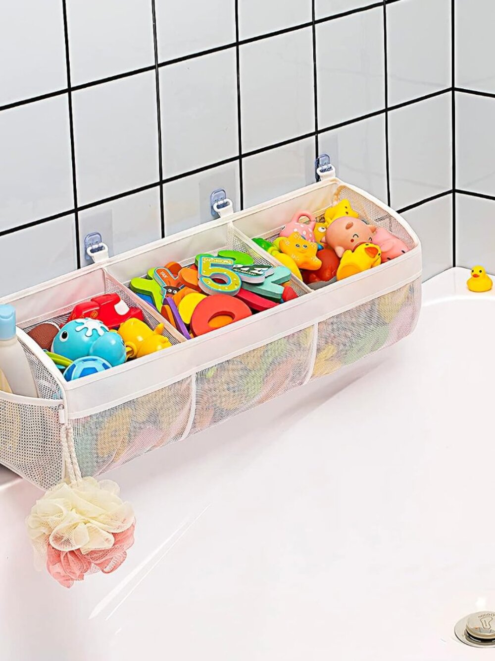 Original 3 Compartment Horizontal Large Openings Bath Toy Organizer for Tub, Cap